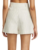 Pinstripe Cotton-Linen Pleated Shorts