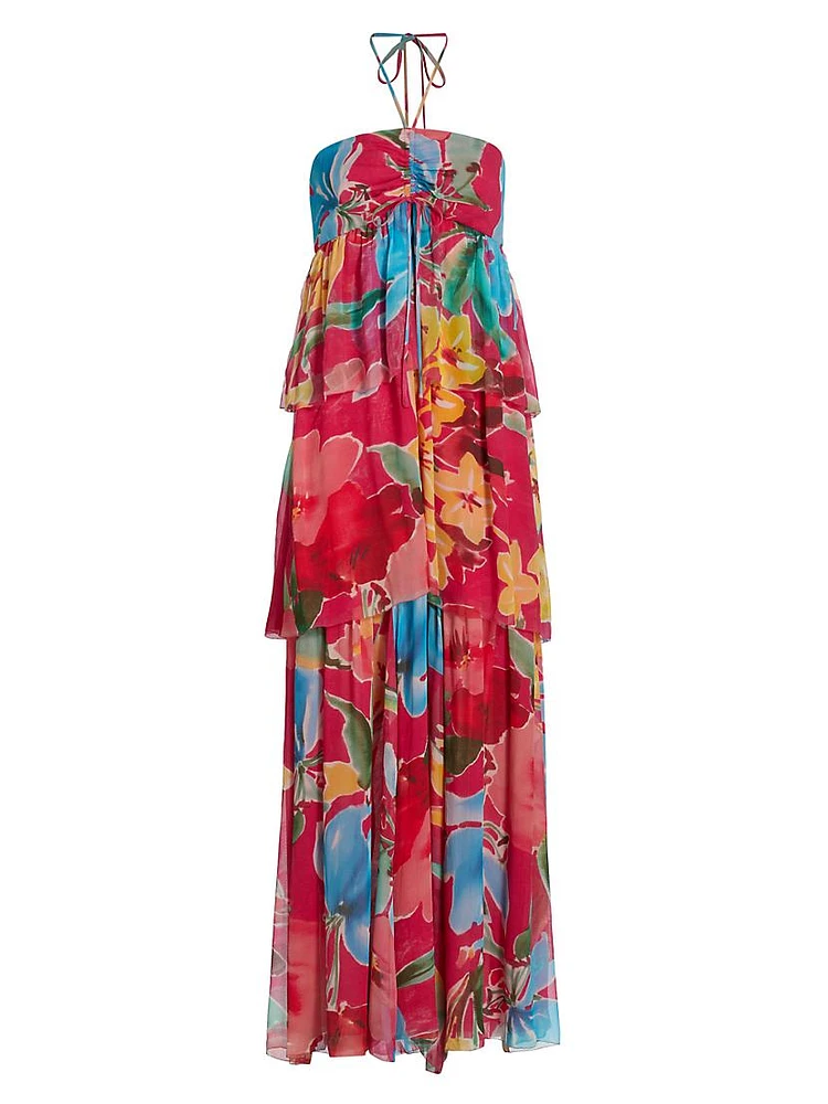 Lula Floral Silk Halter Maxi Dress