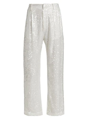 Sequined Straight-Leg Crop Pants