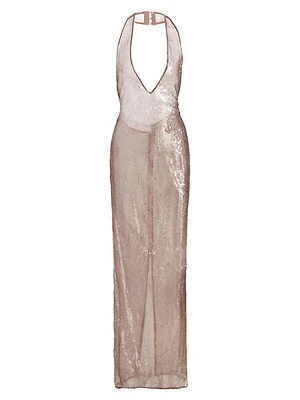 Sheer Sequined Plunging V-Halterneck Column Gown