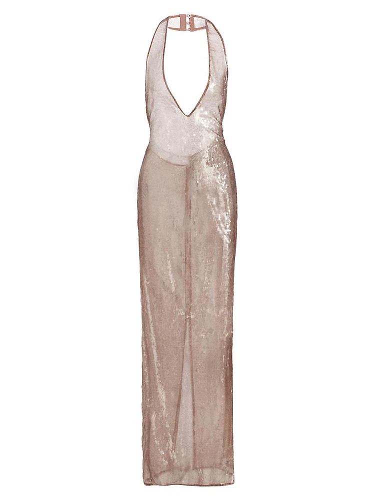 Sheer Sequined Plunging V-Halterneck Column Gown