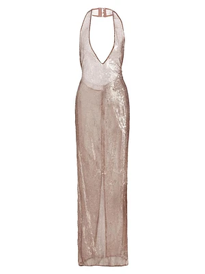 Sheer Sequined Plunging V-Halterneck Column Gown