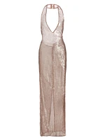 Sheer Sequined Plunging V-Halterneck Column Gown