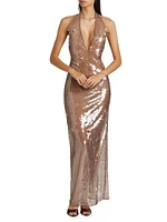 Sheer Sequined Plunging V-Halterneck Column Gown