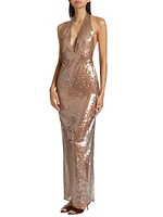 Sheer Sequined Plunging V-Halterneck Column Gown