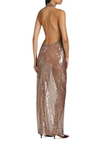 Sheer Sequined Plunging V-Halterneck Column Gown