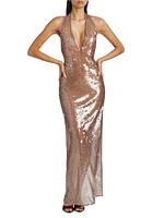 Sheer Sequined Plunging V-Halterneck Column Gown