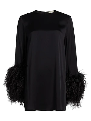 Double-Face Satin Feather-Cuff Minidress