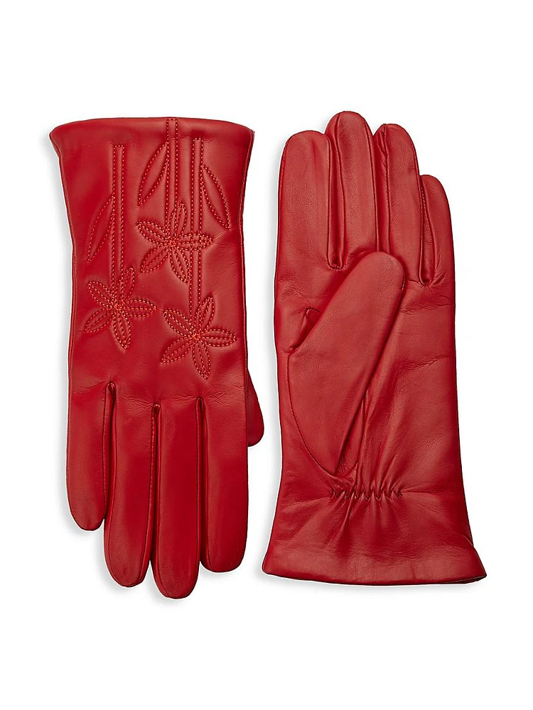 Floral-Embroidered Leather Gloves