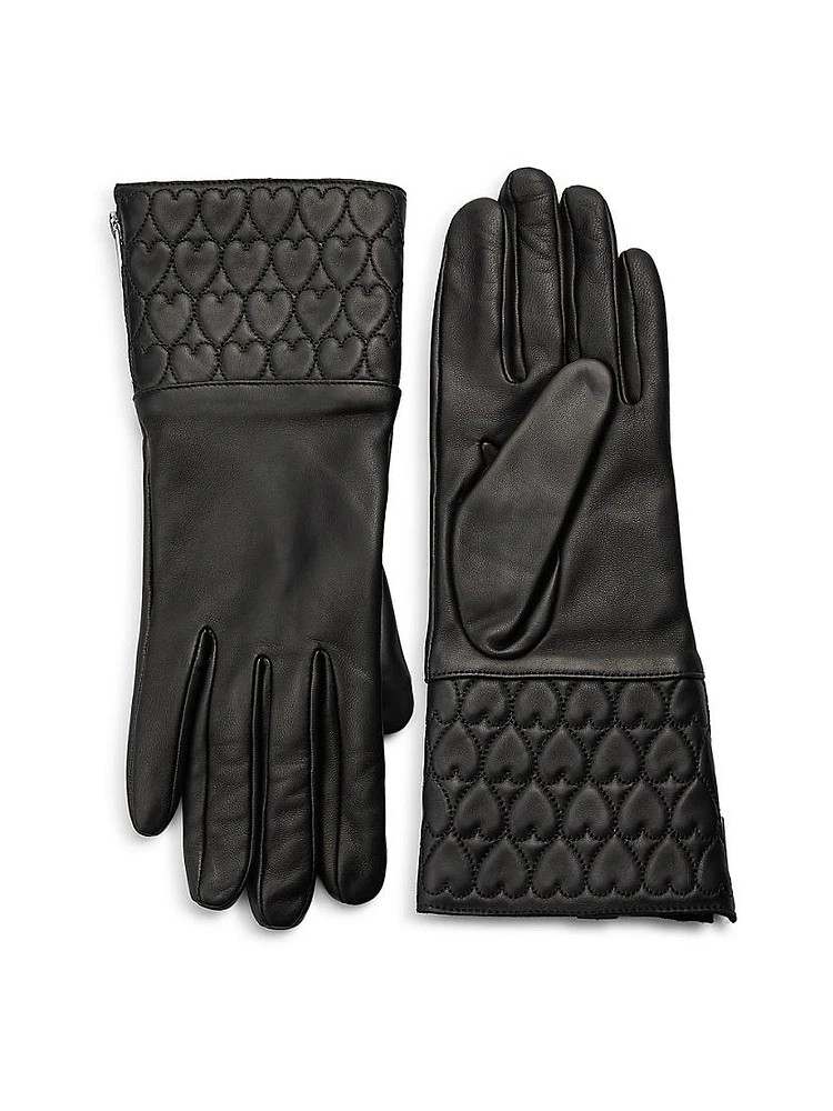 Trapunto-Stitched Heart Leather Gloves