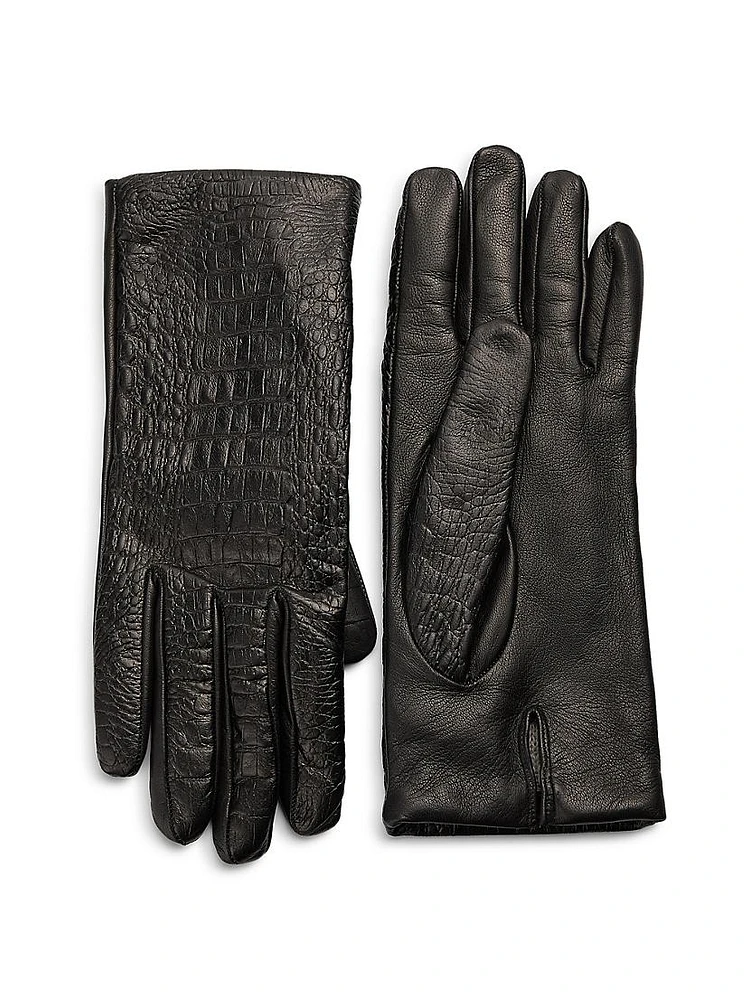 Crocodile-Embossed Leather Gloves