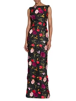 Crinkled Floral Boatneck Gown