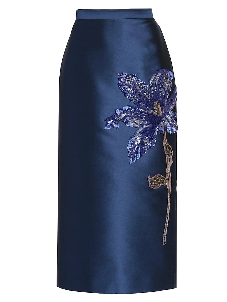 Sequined Floral Satin Midi Pencil Skirt