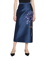 Sequined Floral Satin Midi Pencil Skirt