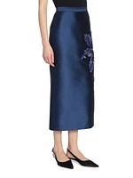 Sequined Floral Satin Midi Pencil Skirt