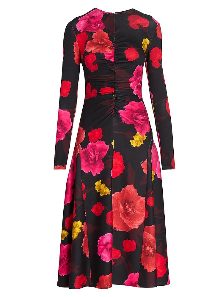 Floral Ruched Long-Sleeve Midi-Dress