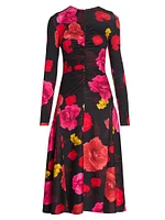 Floral Ruched Long-Sleeve Midi-Dress