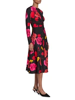 Floral Ruched Long-Sleeve Midi-Dress