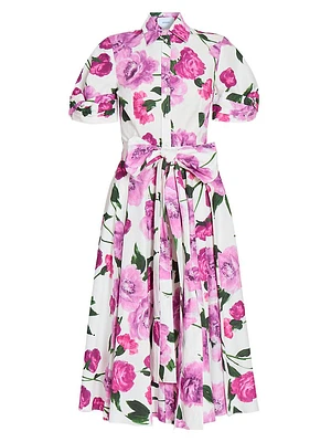 Floral Puff-Sleeve Cotton Midi-Dress