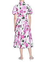 Floral Puff-Sleeve Cotton Midi-Dress