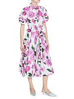 Floral Puff-Sleeve Cotton Midi-Dress