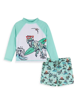 Baby Boy's, Little Boy's & 2-Piece Dinosaur Rashguard Top Swim Trunks Set