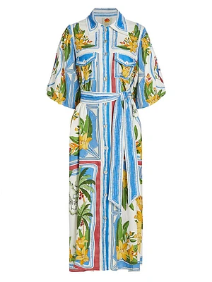 Tropical Destination Linen-Blend Belted Midi-Dress