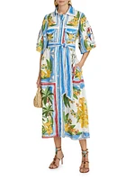 Tropical Destination Linen-Blend Belted Midi-Dress