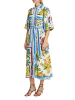 Tropical Destination Linen-Blend Belted Midi-Dress