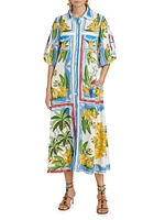 Tropical Destination Linen-Blend Belted Midi-Dress