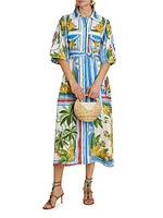 Tropical Destination Linen-Blend Belted Midi-Dress