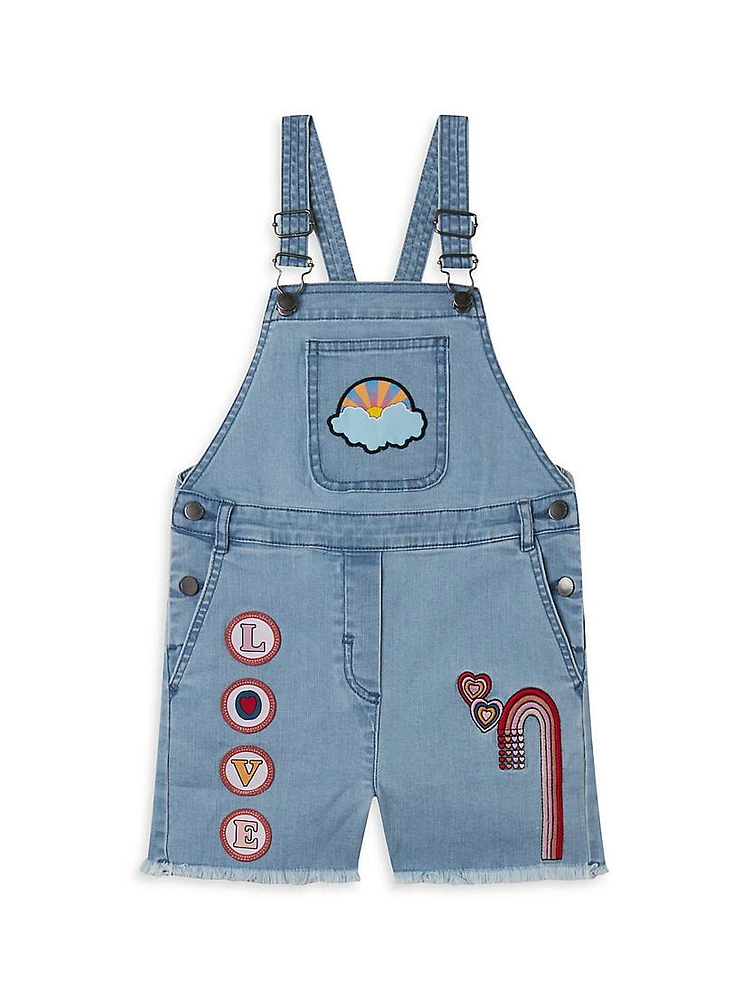 Little Girl's & Denim Embroidered Patch Short Overalls