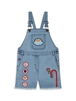 Little Girl's & Denim Embroidered Patch Short Overalls