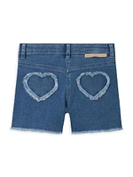 Little Girl's & Denim Fringed Heart Patch Shorts