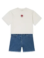 Little Girl's & Denim Fringed Heart Patch Shorts