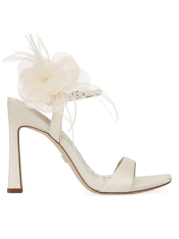 Leana 100MM Feather-Trimmed Flower Appliqué Leather Sandals