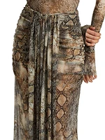 Printed Mesh Draped Maxi Skirt