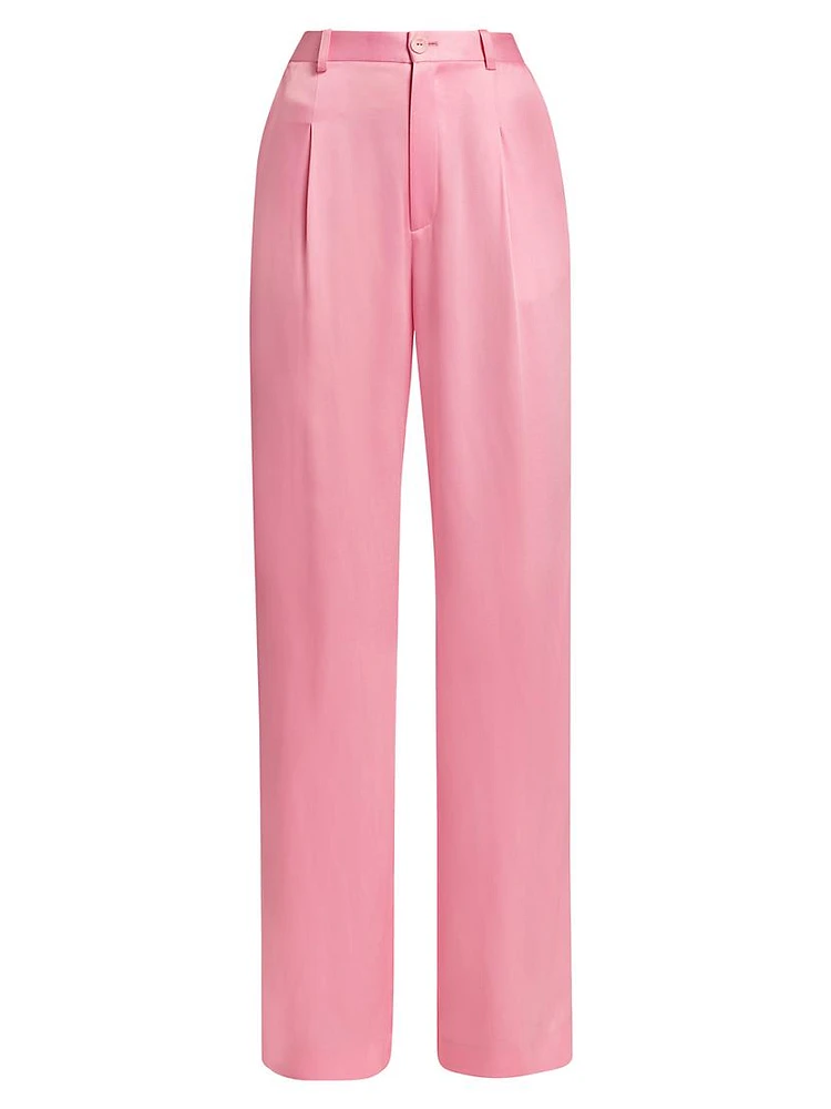 Satin Pleated Straight-Leg Pants