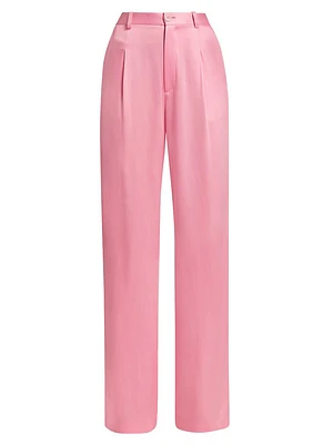 Satin Pleated Straight-Leg Pants