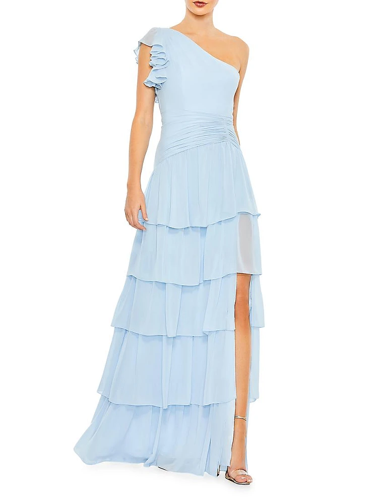 Tiered Chiffon One-Shoulder Gown