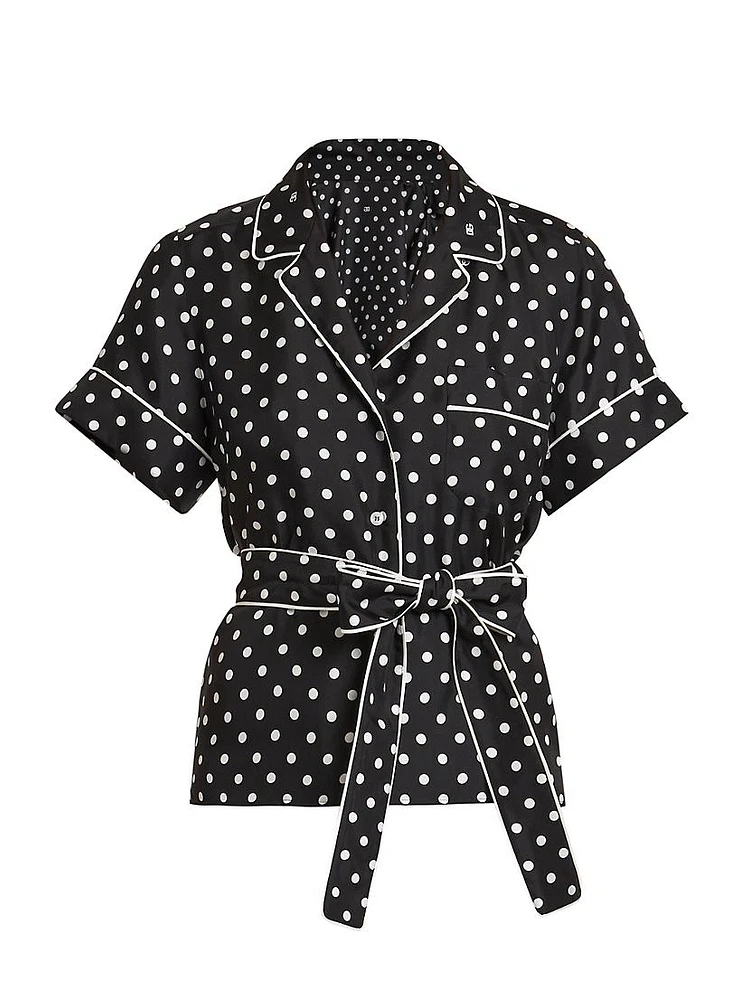 Polka-Dot Silk Belted Pajama Shirt