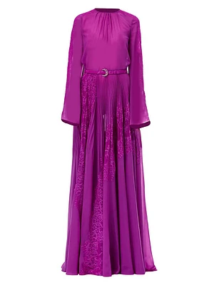 Lace & Chiffon Bell-Sleeve Gown