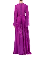 Lace & Chiffon Bell-Sleeve Gown