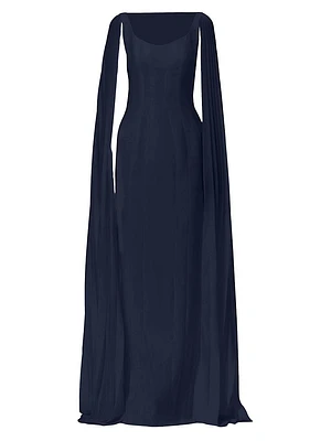 Crepe Pleated Cape-Sleeve Maxi Dress