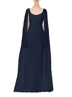 Crepe Pleated Cape-Sleeve Maxi Dress