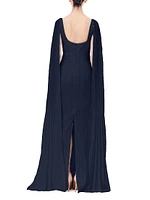 Crepe Pleated Cape-Sleeve Maxi Dress