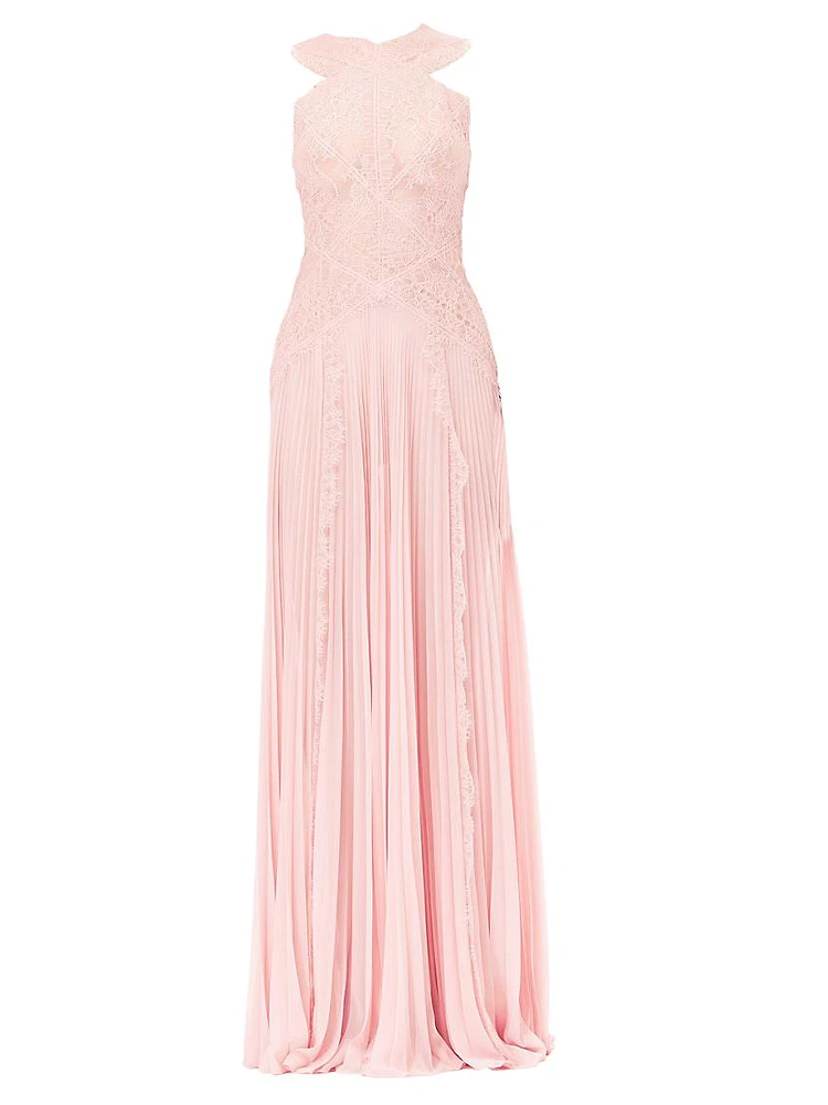 Lace & Pleated Chiffon Sleeveless Maxi Dress