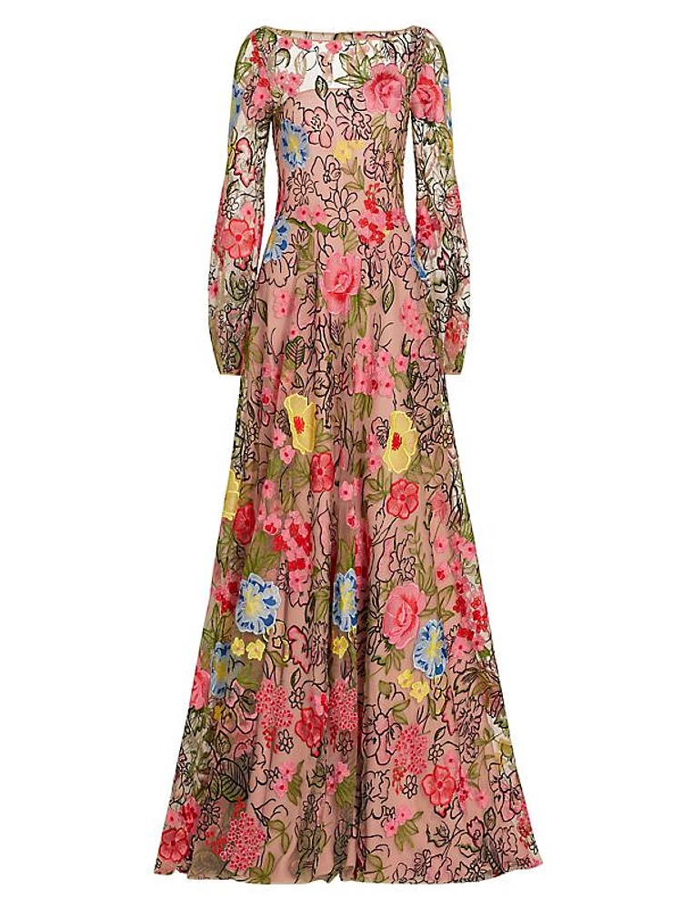 Embellished Floral Balloon-Sleeve Gown