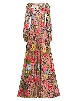 Embellished Floral Balloon-Sleeve Gown