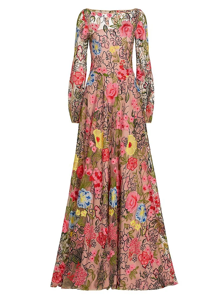 Embellished Floral Balloon-Sleeve Gown